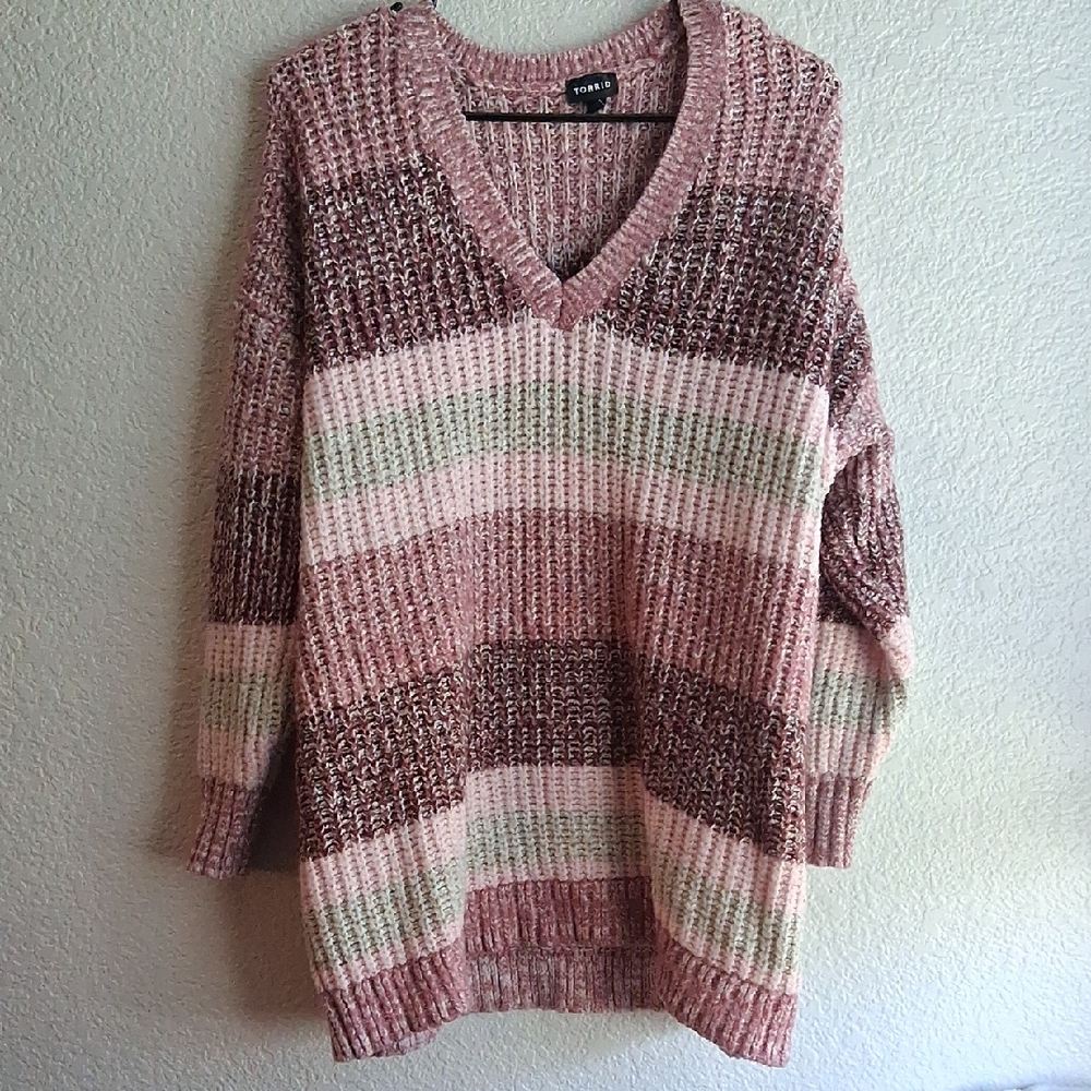 Torrid Cozy Pink Striped V-Neck Sweater